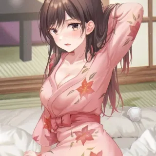 ❤️‍🩹 ragazza anime, yukata, kimono, camera da letto, seduta, cartone animato telegram sticker