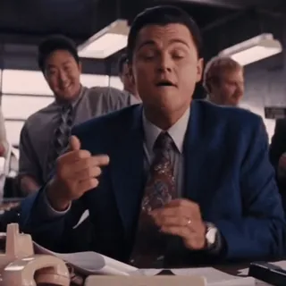 🖕 Jordan Belfort The Wolf of Wall Street dito medio, gesto offensivo, Leonardo DiCaprio, scena film, finanza, broker, Wall Street whatsapp sticker
