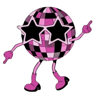 🕺 bola de discoteca, dança, festa, desenho animado, anos 80, personagem, óculos de sol estrela, rosa telegram sticker