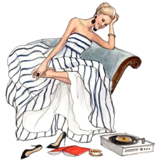 😄 mulher, vestido, moda, ilustração, estilo, toca-discos, café whatsapp sticker