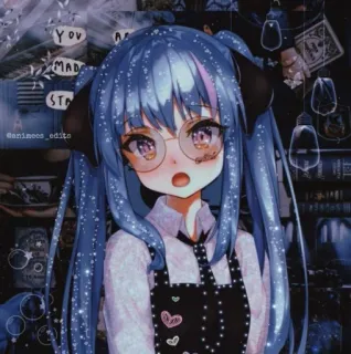 🖤 Animé, Dessin animé, Fille, Mignon, Kawaii, Cheveux bleus, Étincelant, Étincelle, Manga telegram sticker