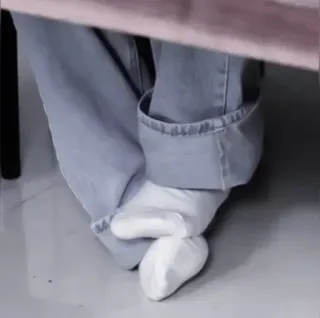 🍒 legs, feet, socks, under table, casual, gray jeans telegram sticker