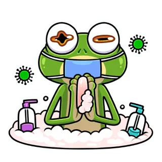 🧼 rana, lavarse las manos, jabón, mascarilla, higiene, dibujos animados, salud, desinfectante telegram sticker