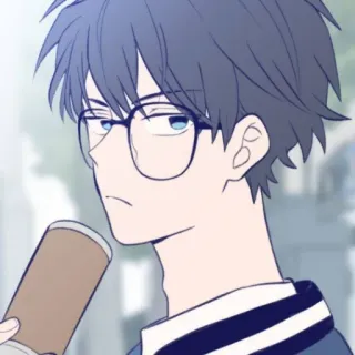 🌨 Anime, Cartoon, Figur, Brille, Kaffee, Männlich, Blaue Haare, Illustration whatsapp sticker