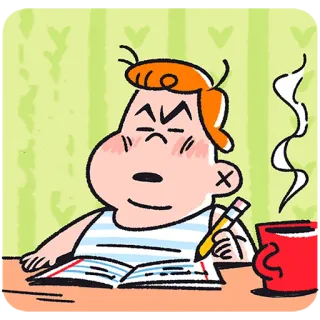 🤨 desenho animado, escrevendo, estudando, bravo, café, personagem telegram sticker