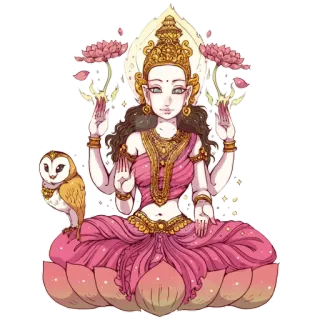 🌺 Lakshmi Lakshmi, Dea indù, Dea della ricchezza, Induismo, Loto, Gufo, Divinità indiana telegram sticker