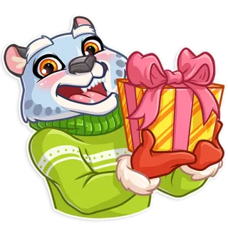 🎁 สัตว์, เสือดาวหิมะ, ของขวัญ, ของขวัญ, การ์ตูน, น่ารัก, การเฉลิมฉลอง whatsapp sticker