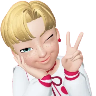 😉 arte digital, desenho animado, avatar, loiro, piscando, sinal de paz telegram sticker