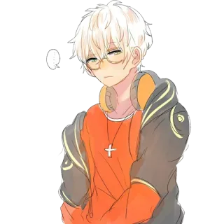 😒 애니메이션, 캐릭터, 안경, 헤드폰, 주황색, 십자가, 보석 whatsapp sticker