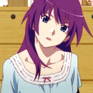 🎭 Hitagi Senjougahara Monogatari anime, postać, fioletowe włosy, Hitagi Senjougahara, Monogatari, dziewczyna, urocza telegram sticker