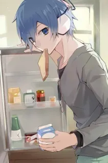 🍞 Anime, Chico, Comida, Frigorífico, Pelo azul, Aperitivo, Dibujo animado telegram sticker