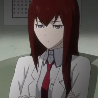 ⚙️ Kurisu Makise Steins;Gate Anime, Mulher, Jaleco, Cabelo ruivo, Séria, Científico whatsapp sticker
