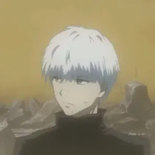 ⛈ Ken Kaneki Tokyo Ghoul Anime, Weiße Haare, Schwarzer Rollkragenpullover, Traurig, Charakter, Manga, Tokyo Ghoul telegram sticker