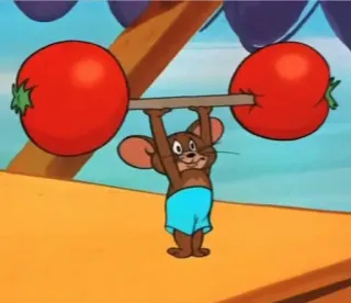 🥴 Jerry Mouse Tom and Jerry cartoon, mouse, weightlifting, fitness, tomatoes, exercise telegram sticker