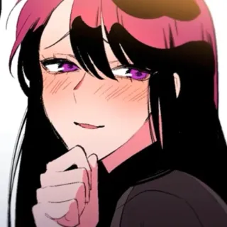😏 动漫, 女人, 紫色眼睛, 黑色头发, 粉色挑染, 脸红 whatsapp sticker