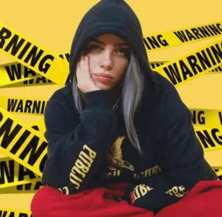 ✨ Billie Eilish WARNING Billie Eilish, ruban de signalisation, musique, chanteuse, célébrité, pop star, idole ado telegram sticker