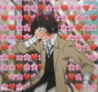 🌝 Osamu Dazai Bungo Stray Dogs Anime, Postać, Osamu Dazai, Bungo Stray Dogs, Serca, Zawstydzony telegram sticker