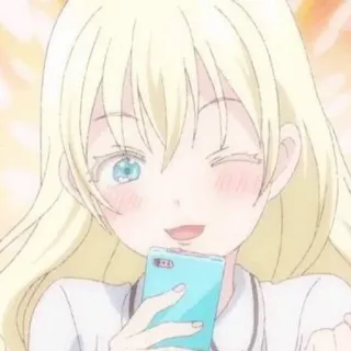 🎲 anime, blond haar, meisje, knipogen, telefoon, cartoon telegram sticker