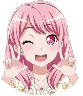 😉 Garota anime, Cabelo rosa, Piscadela, Sinal de paz, Fofa, Ilustração telegram sticker