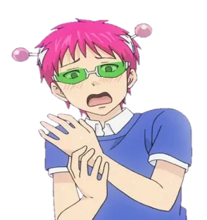 😳 Saiki Kusuo The Disastrous Life of Saiki K. Аниме, розовые волосы, зеленые очки, психокинез, Сайки К, смущенный telegram sticker