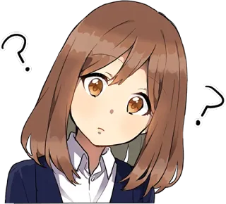 🤔 chica anime, signo de interrogación, confundido/a, duda, pensando, dibujos animados, morena whatsapp sticker