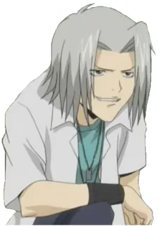 😏 Personaggio anime, Capelli grigi, Maschio, Camicia bianca, Cartone animato, Sorridendo, Ritratto telegram sticker