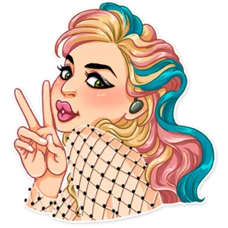 ✌️ nhãn dán, phụ nữ, dấu hiệu hòa bình, phim hoạt hình, tóc nhiều màu, chân dung telegram sticker