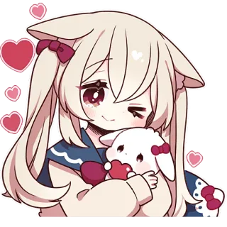 😉 gái anime, kawaii, dễ thương, trái tim, thỏ, nhãn dán whatsapp sticker
