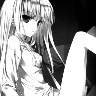 🧬 anime meisje, manga, illustratie, lang haar, zittend, zwart wit telegram sticker