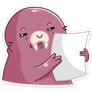 🤔 Morsa, Dibujo animado, Animal, Lindo, Papel, Lectura telegram sticker