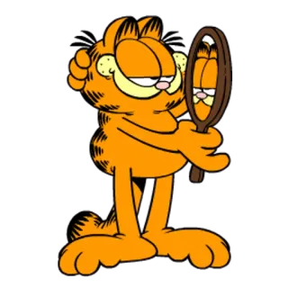 😏 Garfield cat, cartoon, mirror, orange, pet whatsapp sticker