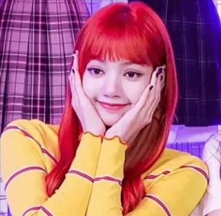 🍊 Lisa kpop, Lisa, BLACKPINK, Idool, meisje, rood haar, geel shirt, glimlach telegram sticker