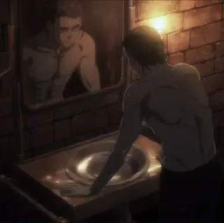 😐 Eren Yeager Attack on Titan Anime, Homme, Reflet, Muscles, Évier, Miroir, Eren Jaeger whatsapp sticker
