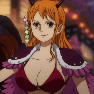 😊 Nami One Piece 动漫, 橙色头发, 女性, 恶魔, 角 telegram sticker