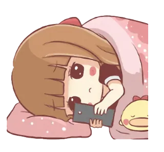 😔 Mädchen, Cartoon, süß, schlafend, Handy, Kissen, Decke telegram sticker