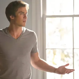🩸 Damon Salvatore The Vampire Diaries man, vampire, tv show, window, indoors, casual, actor telegram sticker