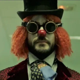 😐 clown, effrayant, homme, portrait, chapeau, lunettes, cheveux roux telegram sticker
