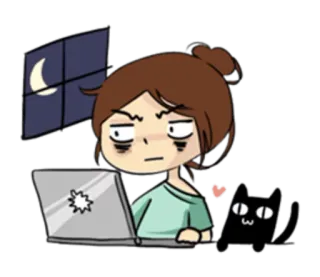 💻 dessin animé, femme, ordinateur portable, chat, nuit, fatigué(e), lune whatsapp sticker