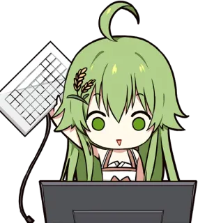 😠 anime, keyboard, computer, chibi, green hair whatsapp sticker