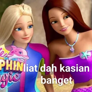 😃 Barbie Barbie Dolphin Magic liat dah kasian banget Barbie, lalka, kreskówka, delfin, syrena, śmieszne, mem whatsapp sticker