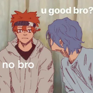 😭 u good bro?
no bro Anime, Meme, Amizade, Pergunta, Triste, Conversa, Esboço telegram sticker