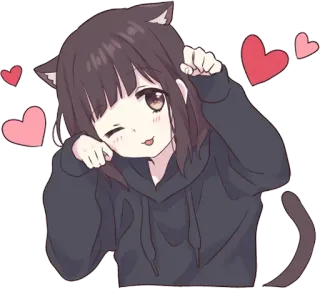 ❤️ orejas de gato, chica anime, kawaii, corazón, lindo, cola de gato, guiño, dibujos animados telegram sticker