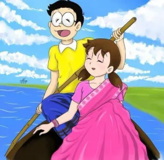 🛶 Nobita Nobi Doraemon Cartoon, Anime, Boot, Fluss, Freundschaft whatsapp sticker