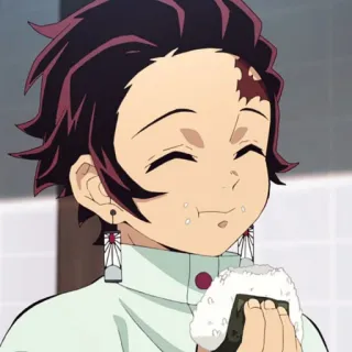 🧧 Tanjiro Kamado Demon Slayer аниме, клинок рассекающий демонов, тандзиро, рисовый шарик, ест, милый telegram sticker