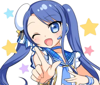 ☝ Anime, Meisje, Idool, Schattig, Knipoog, Blauw haar, Sterren telegram sticker