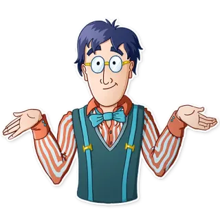 😅 Cartoon, Mann, Schulterzucken, Brille, Hosenträger, Fliege, Zweifel, Unsicherheit telegram sticker