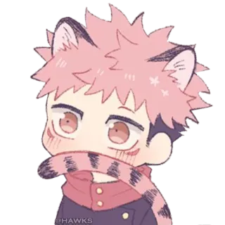 😳 @HAWKS Anime, Kawaii, Chibi, Katzenohren, Pinke Haare, Schal, Fanart telegram sticker
