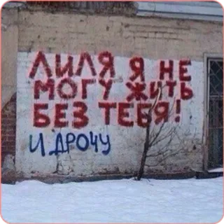 ❤ ЛИЛЯ Я НЕ
МОГУ ЖИТЬ
БЕЗ ТЕБЯ!
И ДРОЧУ Graffiti, Ruso, Texto, Arte callejero whatsapp sticker