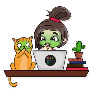 🤢 ragazza, gatto, laptop, cactus, libri, illustrazione, adesivo telegram sticker