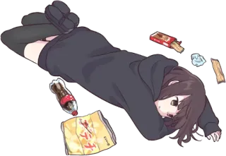 😔 Fille anime, Allongée, Snacks, Soda, Fatiguée, Détendue whatsapp sticker